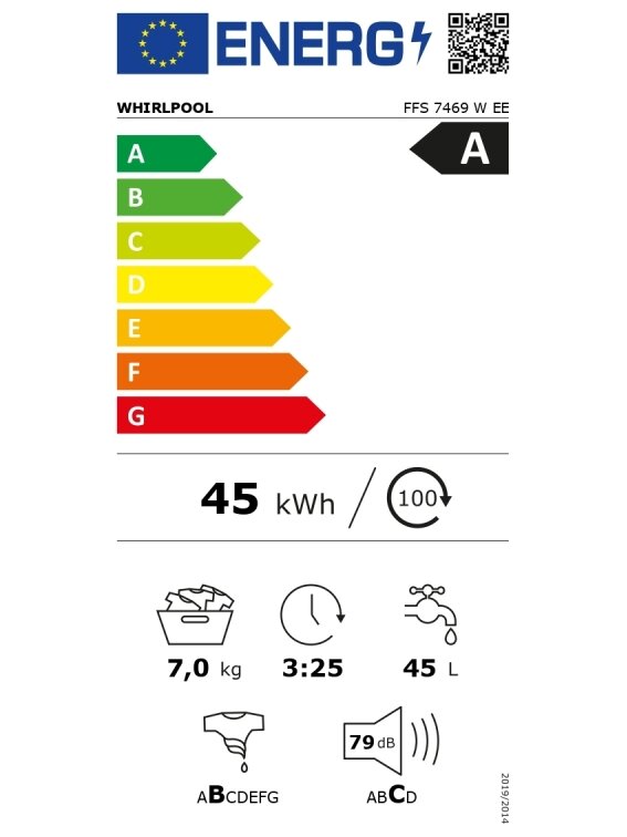 Whirlpool Washing machine | FFS 7469 W EE | Energy efficiency class A | Front loading | Washing capacity 7 kg | 1400 RPM | Depth 57.5 cm | Width 59.5 cm | Display | LED | White 1 Whirlpool Washing machine | FFS 7469 W EE | Energy efficiency class A | Front loading | Washing capacity 7 kg | 1400 RPM | Depth 57.5 cm | Width 59.5 cm | Display | LED | White 1